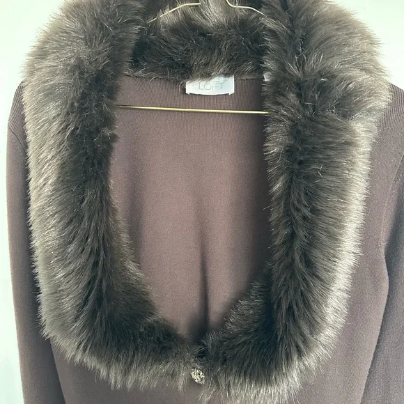 Ann Taylor Loft Brown Cardigan with Faux Fur Collar - Picture 2 of 10